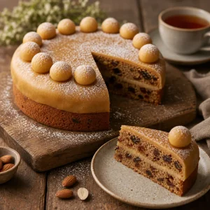 Angeschnittener Simnel Cake mit Puderzucker neben Tee
