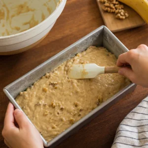Coffee cake batter spread in the pan with streusel started