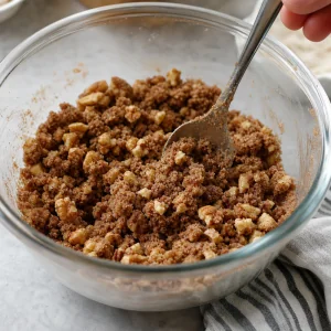 Crumbly cinnamon walnut streusel mixed in a bowl