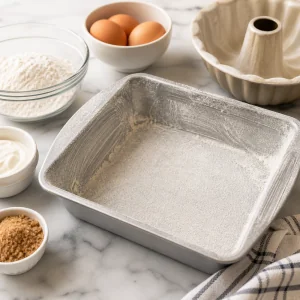 Greased and floured square baking pan ready for coffee cake batter
