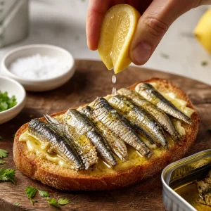 Fresh lemon juice squeezed over sprats with reserved oil drizzled on top