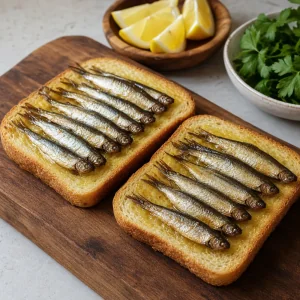 Sprats arranged neatly over buttered toast slices