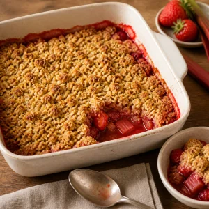 Baked strawberry rhubarb crumble cooling with thickened red juices at one spooned corner