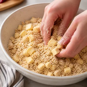 Cold butter cubes worked into the oat mixture until coarse crumbs form