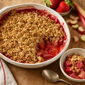 Finished strawberry rhubarb crumble with golden oat topping in a square baking dish