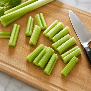 Celery ribs cut into short pieces on a cutting board