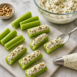 Cream cheese filling piped into celery pieces