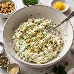 Herbed walnut cream cheese filling mixed in a bowl