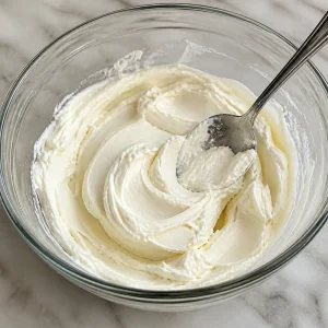 Smooth cream cheese in a mixing bowl with a spoon
