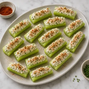 Stuffed celery arranged on a tray with paprika
