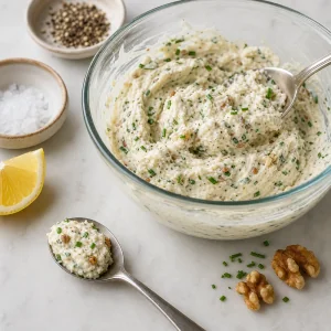 Tasting spoon of cream cheese filling beside lemon and seasonings