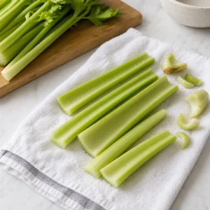 Trimmed celery ribs drying on a clean towel