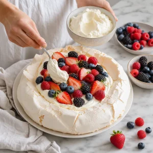 Vanilla whipped cream and fresh berries piled onto the cooled pavlova before serving.