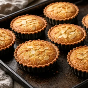 Tartelette alle mandorle cotte con frangipane dorata e mandorle tostate