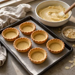 Gusci di tartelette vuoti cotti con frangipane e mandorle pronti da farcire