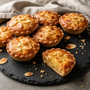 Tartelettes amandine lucide finite servite su una lastra di ardesia nera