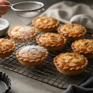 Tartelette alle mandorle glassate su griglia con zucchero a velo