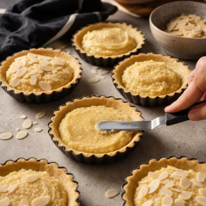 Gusci di tartelette precotti riempiti di frangipane e mandorle a lamelle