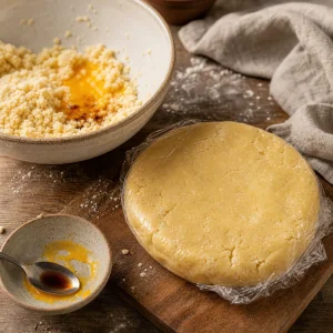 Disco di pasta frolla dolce accanto a briciole con tuorlo e vaniglia