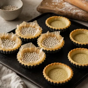 Gusci di tartelette cotti in bianco con carta forno e pesi in ceramica