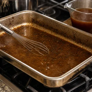 Braune Zwiebelgravy wird in einer Form gerührt