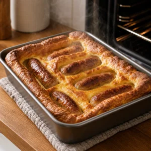Frisch gebackener Toad in the Hole ruht in der Form