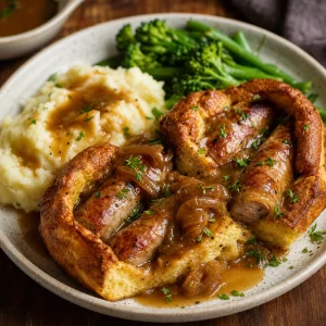 Servierter Toad in the Hole mit Zwiebelgravy und Grünem Gemüse