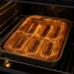Toad in the Hole geht goldbraun um die Würste im Ofen auf