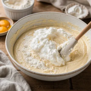 Flour and whipped egg whites folded into airy cake batter.