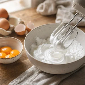 Glossy whipped egg whites forming stiff peaks in a bowl.