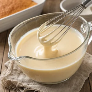 Three-milk mixture whisked smooth in a glass bowl.