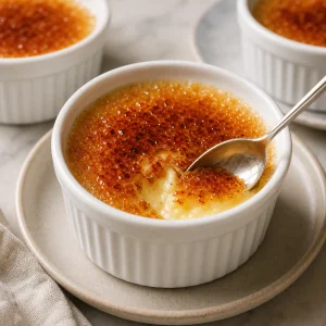 A spoon cracks the hardened caramel crust on finished vanilla bean creme brulee.