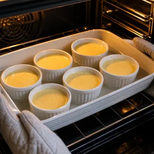 Creme brulee custards baking in a water bath until the edges are set.