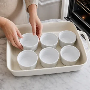 Empty ramekins arranged in a high-sided baking dish for vanilla bean creme brulee.