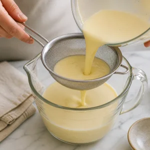 Vanilla custard strained through a fine mesh sieve into a measuring cup.