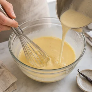 Warm vanilla cream slowly tempered into the egg mixture while whisking.