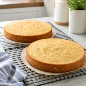 Camadas de bolo de baunilha esfriando em grades