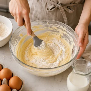 Ingredientes secos incorporados a massa de baunilha com um pouco de leite