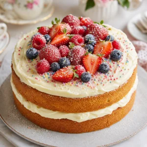 Bolo de baunilha finalizado com frutas vermelhas, confeitos e acucar de confeiteiro