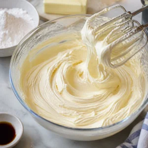 Creme de manteiga de baunilha fofo batido em uma tigela
