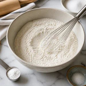 Farinha com fermento, fermento e sal misturados em uma tigela