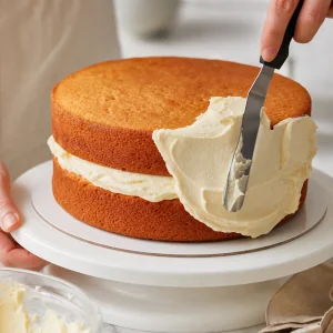 Camadas de bolo de baunilha montadas e cobertas com creme de manteiga