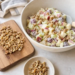 Chopped walnuts added to Waldorf salad in a mixing bowl