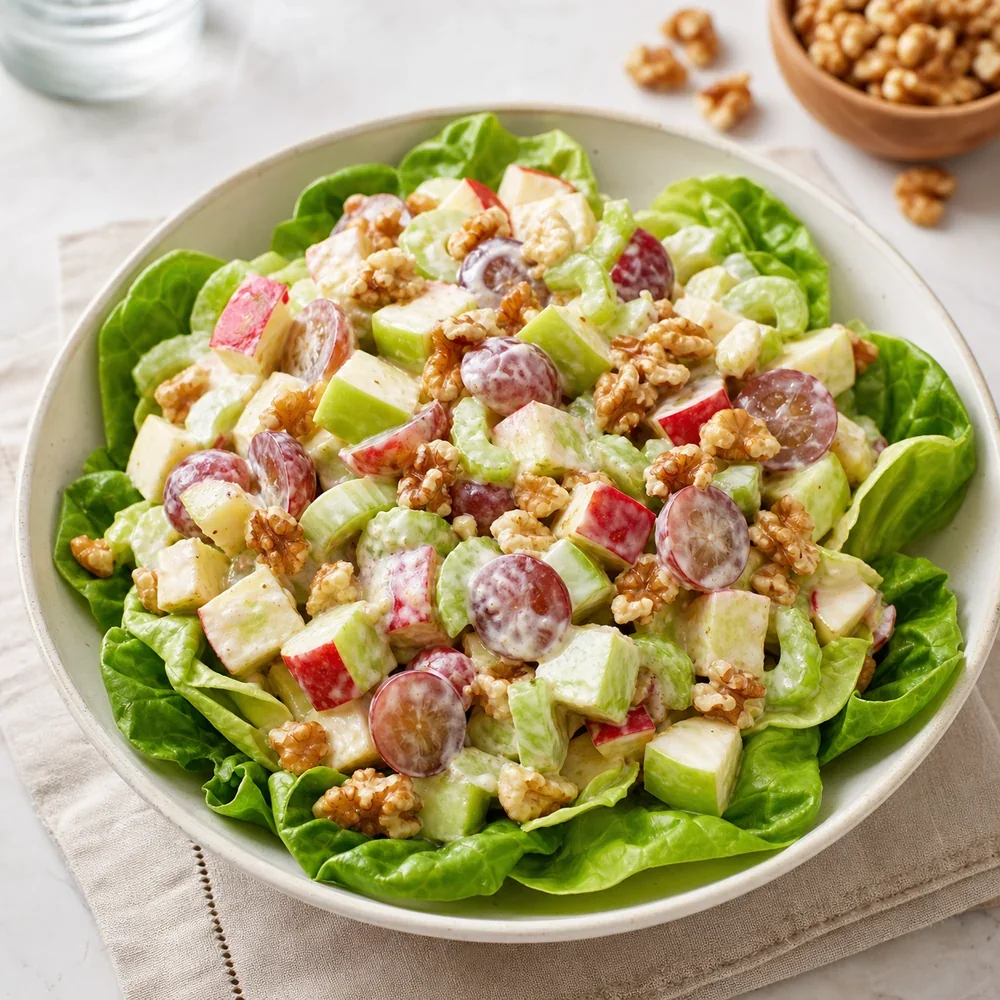 Classic Waldorf salad with apples, grapes, celery, walnuts, and lettuce