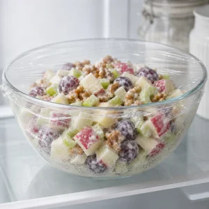 Covered bowl of Waldorf salad chilling in a refrigerator