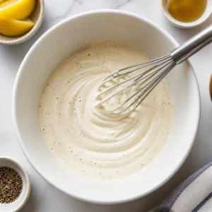 Creamy lemon dressing whisked in a mixing bowl