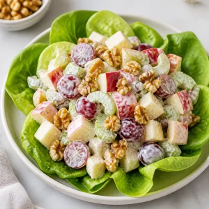 Waldorf salad served on butter lettuce with walnuts on top