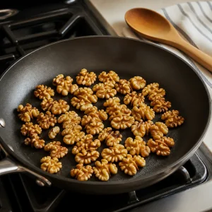 Walnut halves toasting in a dry skillet