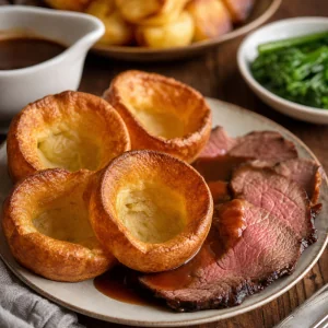 Fertige Yorkshire Puddings heiss mit Roastbeef und Bratensauce serviert