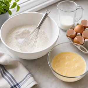 Mehl und Salz werden neben verquirlten Eiern und Milch fuer Yorkshire-Pudding-Teig verruehrt